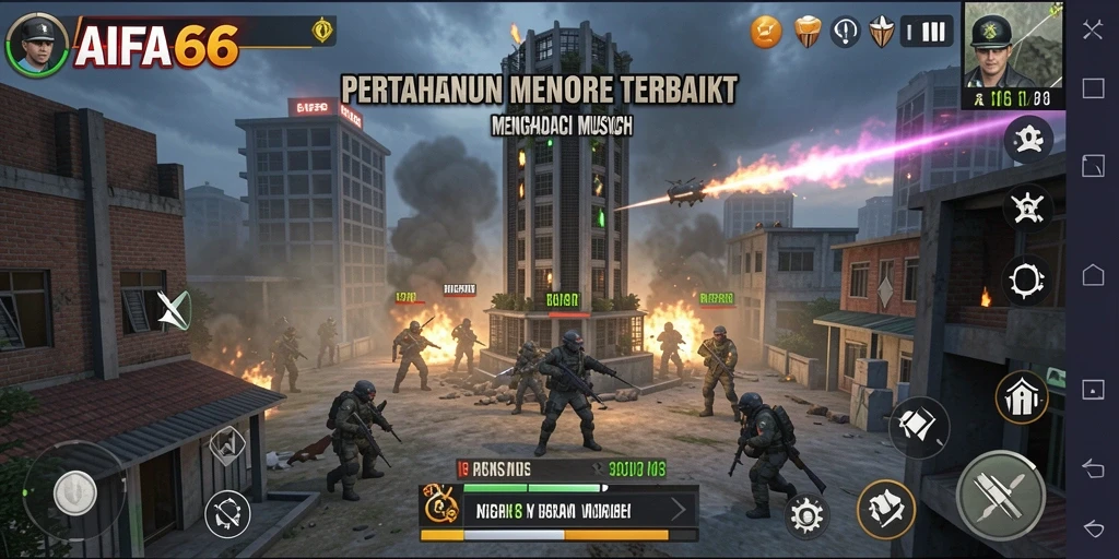 Tangkapan layar gameplay AIFA66 menunjukkan menara yang dibangun untuk pertahanan.