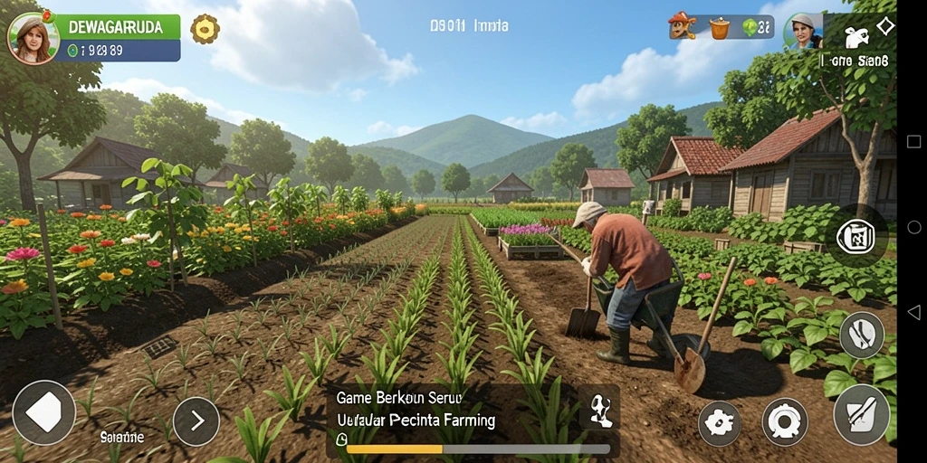 Tampilan gameplay seru di DEWAGARUDA yang menggambarkan aktivitas pertanian.