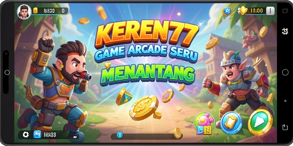 Screenshot utama KEREN77 menunjukkan gameplay Arcade yang mengasyikkan dan penuh warna.