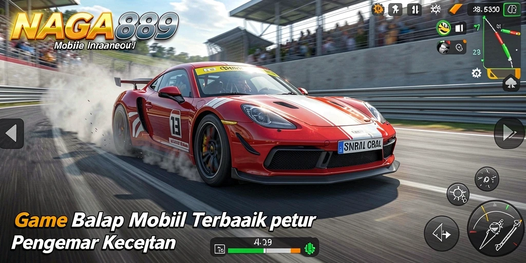 Tangkapan layar gameplay NAGA889 dengan mobil balap yang melaju cepat.