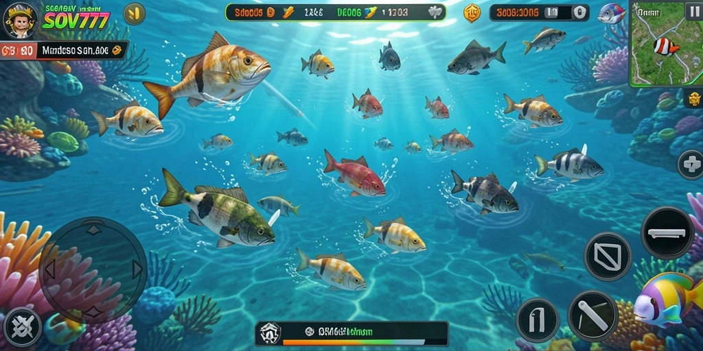Screenshot gameplay SOV777 dengan aksi tembak ikan yang seru.